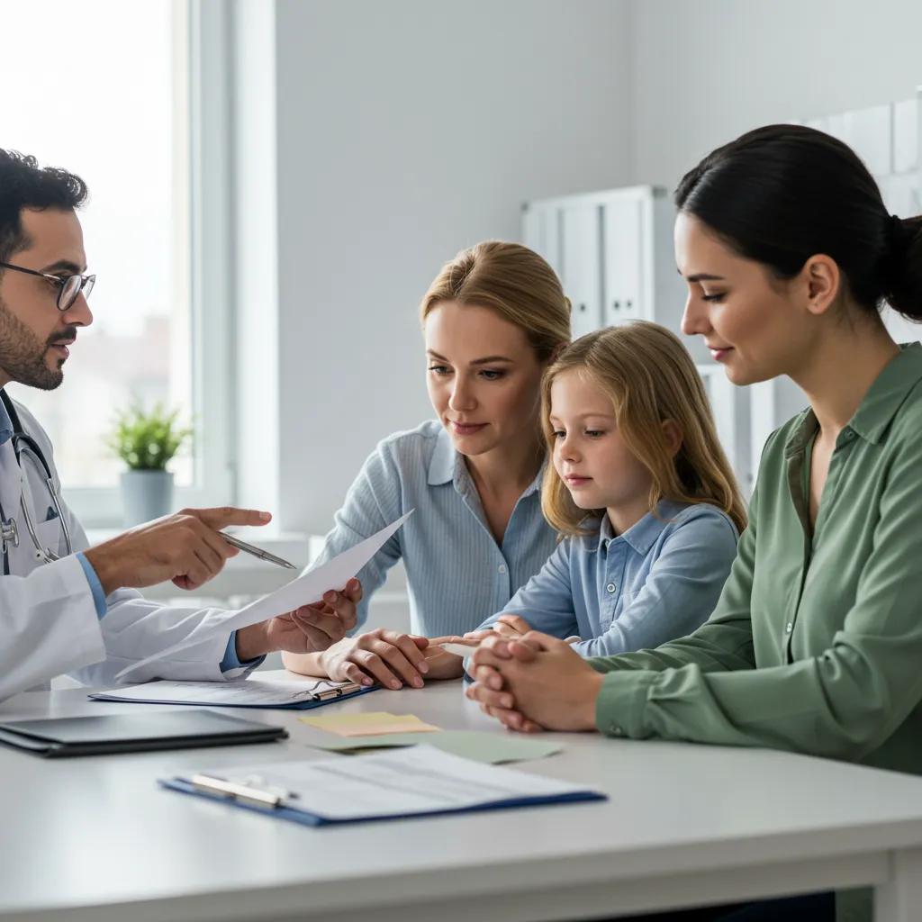 Doctor explaining hospice care eligibility to a family in a supportive office setting